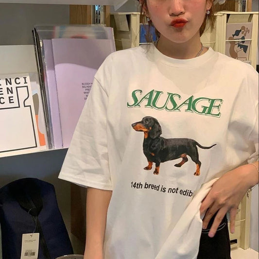 Kawaii Sausage Dog Print T Shirt Women Oversized Korean Fashion Streetwear Tops Cute Funny T-Shirts Y2K Aesthetic Tees Clothes