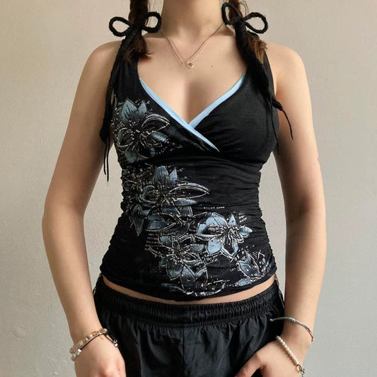 American Retro Style Black Printed Suspender Vest Women T-Shirt Y2K Millennium Goth Slim V-Neck Fashion Top