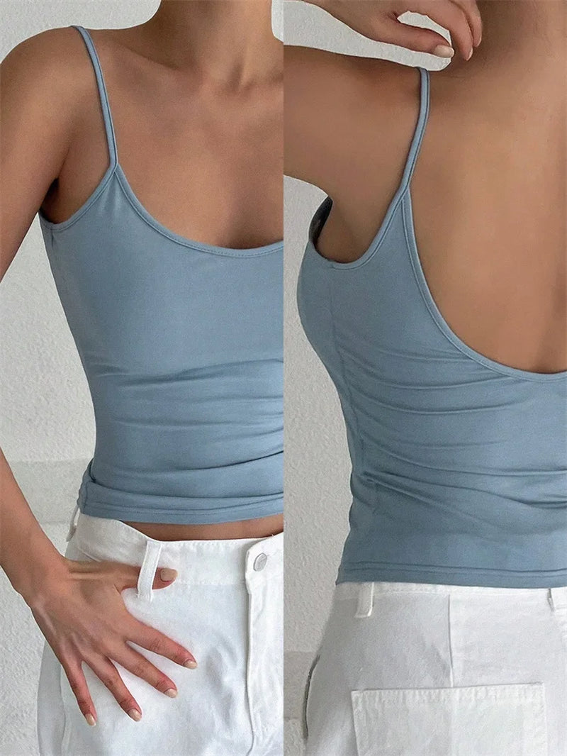 Women Backless Cami Crop Top Summer Solid Color Casual Sleeveless Top Streetwear Y2K Clothes