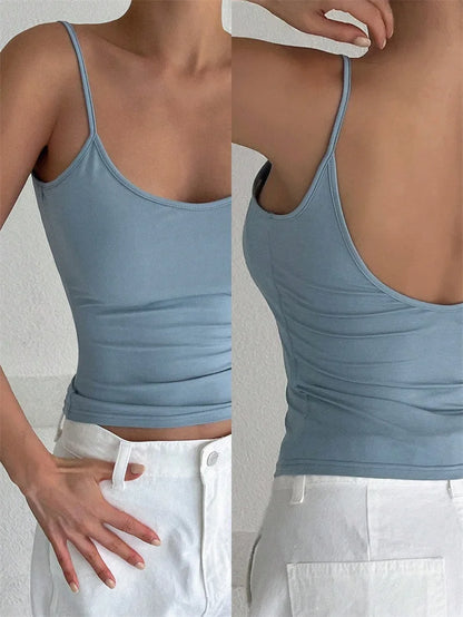 Women Backless Cami Crop Top Summer Solid Color Casual Sleeveless Top Streetwear Y2K Clothes