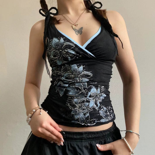 American Retro Style Black Printed Suspender Vest Women T-Shirt Y2K Millennium Goth Slim V-Neck Fashion Top