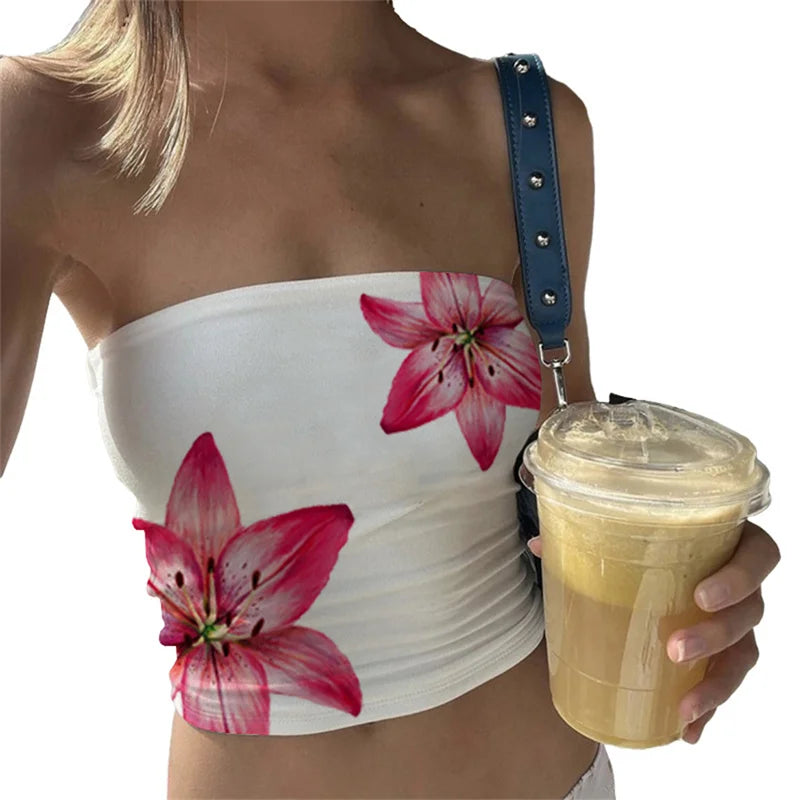 Summer Tube Tops for Women Floral Print off Shoulder Strapless Bandeau 2000S Aesthetic Y2K Clothes