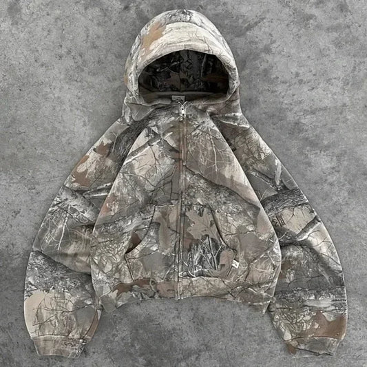 Streetwear Camouflage Two-Piece Set European American Harajuku Zipper Hoodie Y2K Pullover Loose Sweatpants Casual Wide Leg Pant
