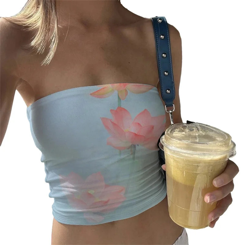 Summer Tube Tops for Women Floral Print off Shoulder Strapless Bandeau 2000S Aesthetic Y2K Clothes